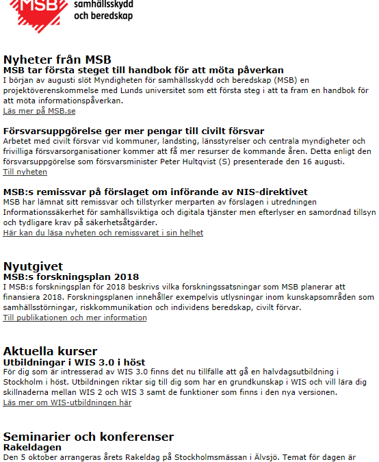 MSB:s nyhetsbrev 29 augusti