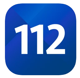 Bilden visar 112 Appen. Blå ruta med vita 112 siffror